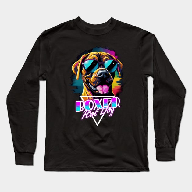 Retro Wave Boxer Hot Dog Shirt Long Sleeve T-Shirt by Miami Neon Designs